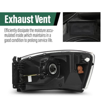 Solid Spare Fit For 06-08 Dodge Ram 1500/2006-2009 Ram 2500 3500 Clear Black Headlights