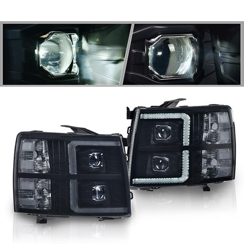 Solid Spare Fit For 2007-2013 Chevy Silverado Smoked Dual LED DRL Strip Projector Headlights
