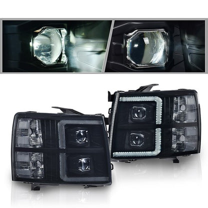 Solid Spare Fit For 2007-2013 Chevy Silverado Smoked Dual LED DRL Strip Projector Headlights