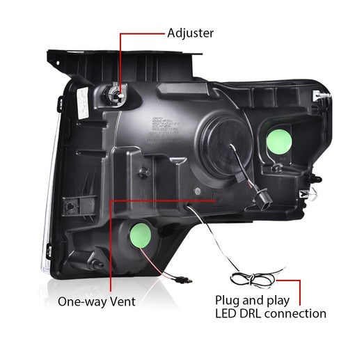 Solid Spare Fit For Ford F-150 F150 2009-2014 Black LED DRL Projector Headlights Lamps Pair