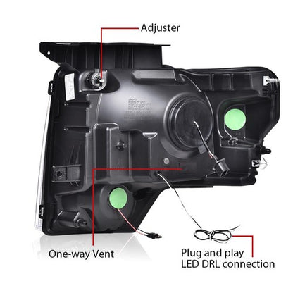 Solid Spare Fit For Ford F-150 F150 2009-2014 Black LED DRL Projector Headlights Lamps Pair
