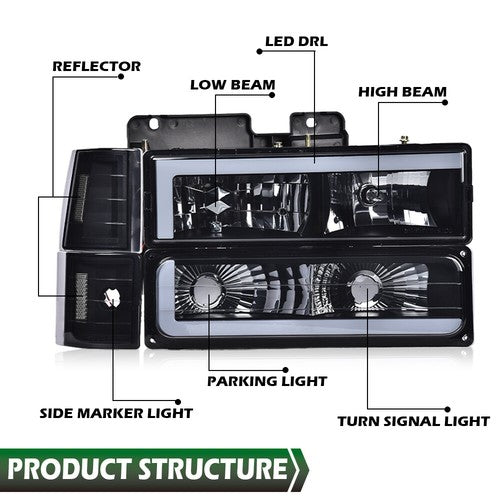 Solid Spare Fit For 94-00 C/K Suburban Clear Corner LED DRL Headlights Bumper Lamps Black