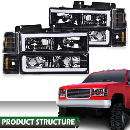 Solid Spare Fit For 88-98 Chevy GMC Sierra C/K Silverado Black LED Tube Headlights Headlamp