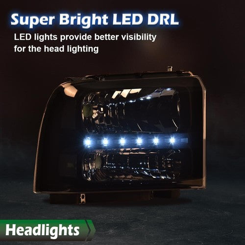 Solid Spare Fit For 2005-2007 F250 F350 F450 Super Duty LED DRL Black Clear Headlights Lamps