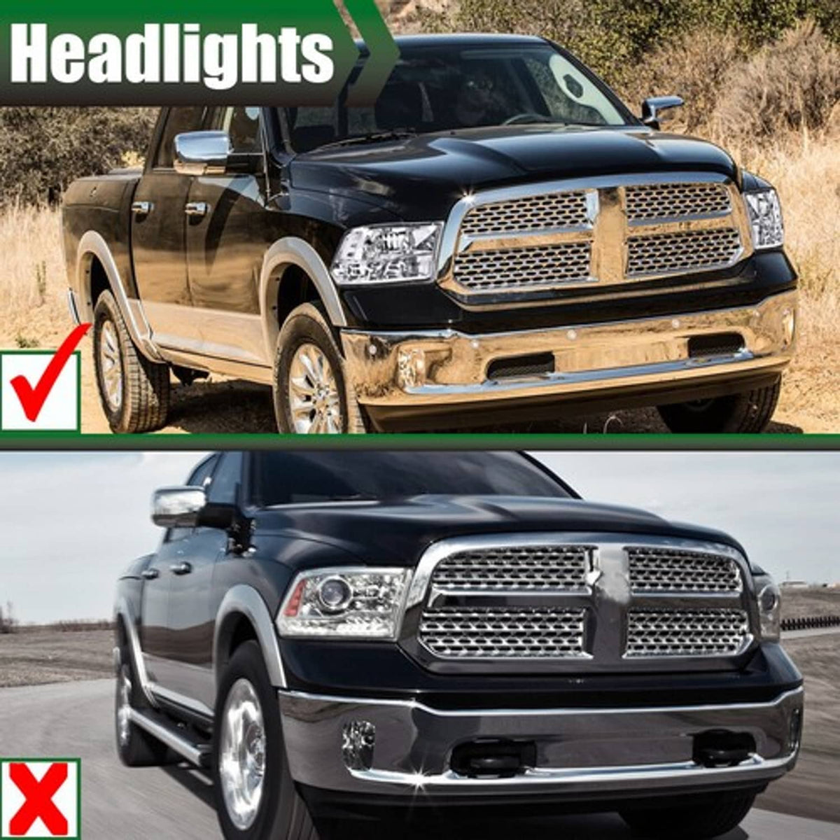 Solid Spare Fit For 2009-2018 Ram 1500 2500 3500 Clear Lens Chrome Headlights Left+Right