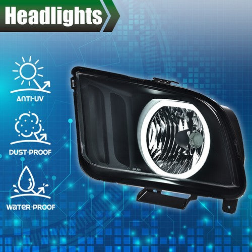 Solid Spare Fit For 2005-2009 Ford Mustang Black/Smoke LED DRL Halo Headlights Lamps Pair