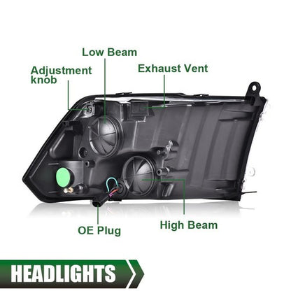 Solid Spare Fit For 09-18 Dodge Ram 1500 2500 3500 Smoke Lens Chrome Headlights Left+Right