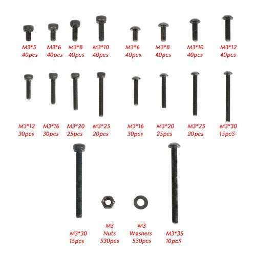 Solid Spare 1590 Pack M3 Screw Kit Hex Button & Socket Head Bolts and Nuts Washers Set