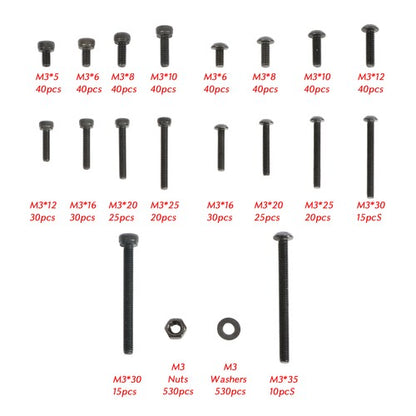 Solid Spare 1590 Pack M3 Screw Kit Hex Button & Socket Head Bolts and Nuts Washers Set