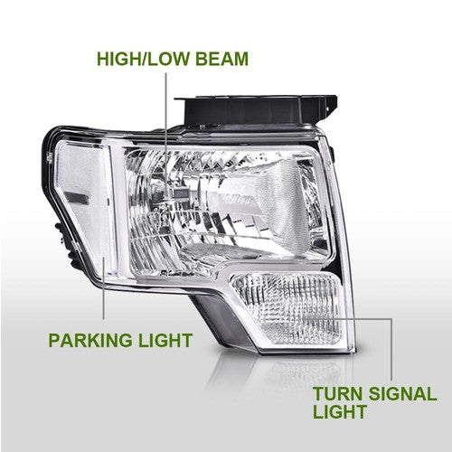 Solid Spare FIT FOR 2009-2014 FORD F150 CLEAR LENS CHROME HOUSING HEADLIGHTS LAMPS LH+RH