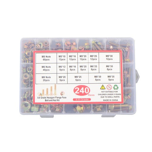 Solid Spare M5, M6, M8 Flanged Bolts And Nuts 240 Pieces Alloy Steel Combination Kit