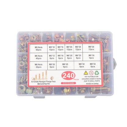 Solid Spare M5, M6, M8 Flanged Bolts And Nuts 240 Pieces Alloy Steel Combination Kit