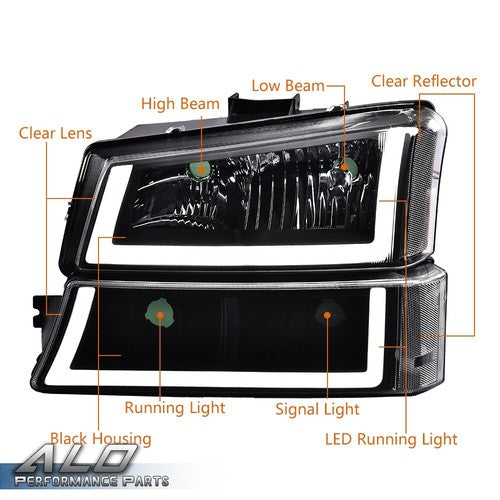 Solid Spare LED Tube Clear Black Headlights+Red Tail Lights Fit For 03-2006 Chevy Silverado