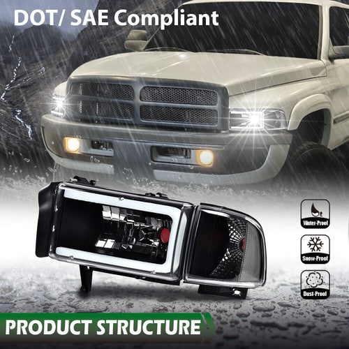Solid Spare Fit For 94-02 Ram 1500 2500 3500 Black/Clear Corner LED DRL Headlight Headlamps