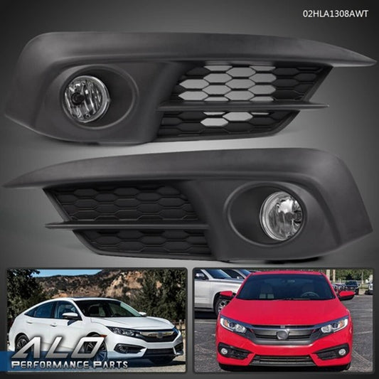 Solid Spare Fit For 16-18 Honda Civic Sedan Front Bumper Clear Lens Fog Light Lamps