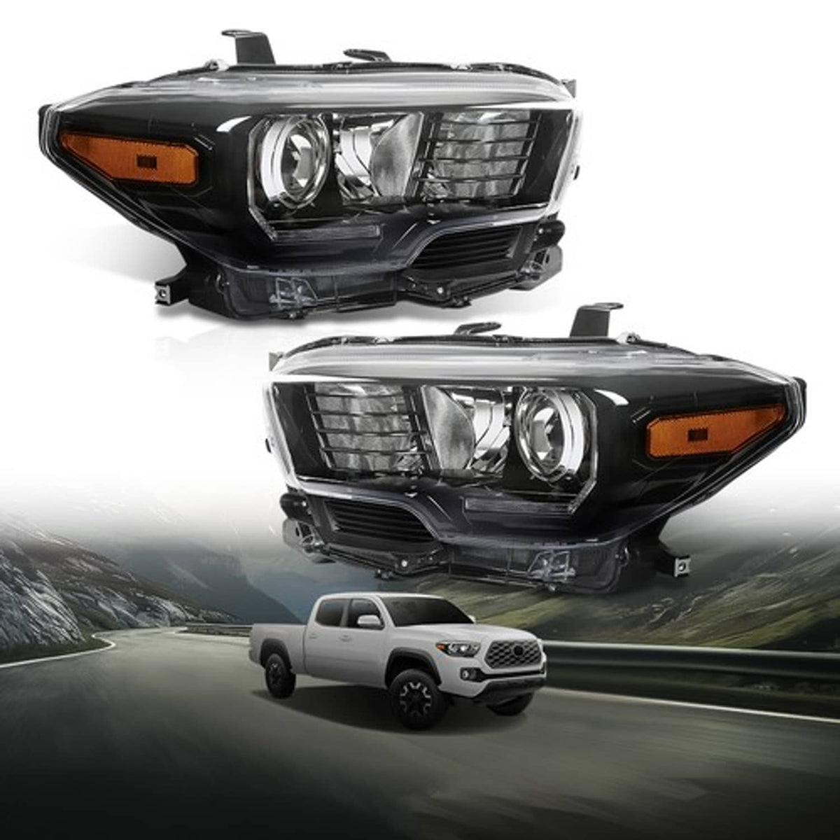 Solid Spare Headlights Headlamps Assembly Black w/ LED DRL Fit For 2016-2022 Toyota Tacoma