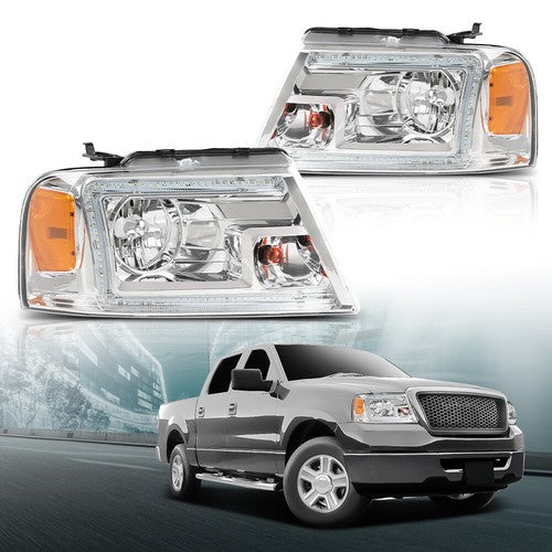 Solid Spare Fit For 2004-2008 Ford F150 Lincoln Mark LT Clear/Chrome LED Tube Headlights