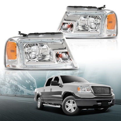 Solid Spare Fit For 2004-2008 Ford F150 Lincoln Mark LT Clear/Chrome LED Tube Headlights