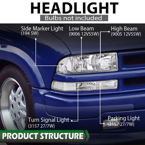 Solid Spare Fit For 98-04 Chevy S10 Blazer Chrome/Clear Corner Headlights Bumper Headlamps