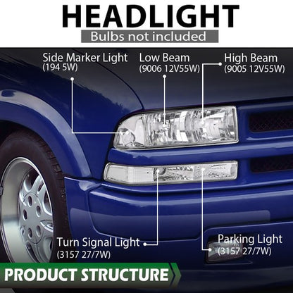 Solid Spare Fit For 98-04 Chevy S10 Blazer Chrome/Clear Corner Headlights Bumper Headlamps