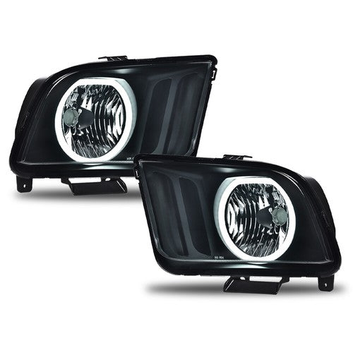 Solid Spare Fit For 2005-2009 Ford Mustang Black/Smoke LED DRL Halo Headlights Lamps Pair