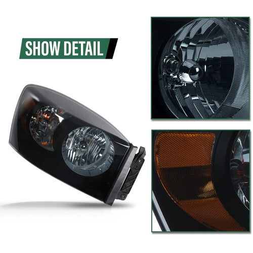 Solid Spare Fit For 06-08 Dodge Ram 1500/2006-2009 Ram 2500 3500 Smoke Black Headlights