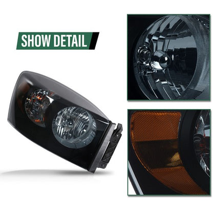 Solid Spare Fit For 06-08 Dodge Ram 1500/2006-2009 Ram 2500 3500 Smoke Black Headlights