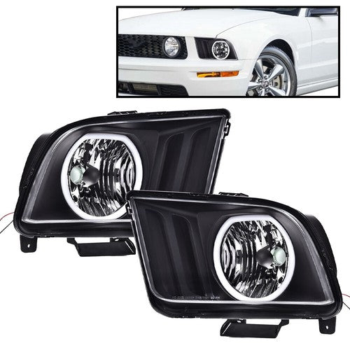 Solid Spare LED DRL Halo Headlights Assembly Fit For 2005-2009 Ford Mustang Black Headlamps