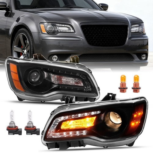 Solid Spare For 2011-2023 Chrysler 300 Black LED DRL Projector Headlights w/Bulbs Left&Right