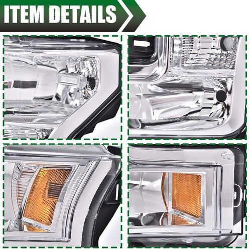 Solid Spare Chrome Headlights Amber Corner Headlamp For 2015-2017 Ford F150 F-150 Left+Right