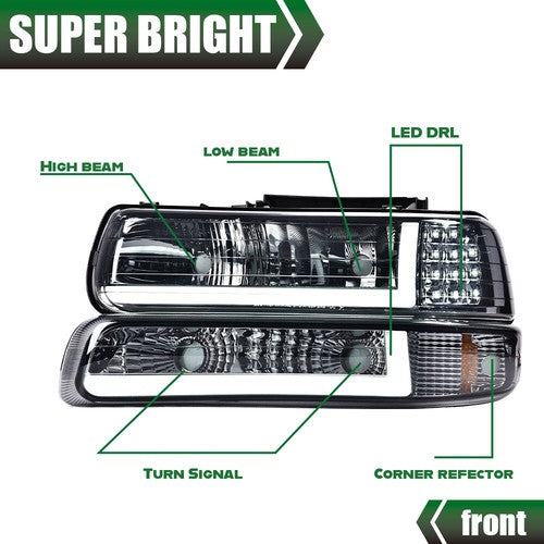 Solid Spare Fit For 99-02 Chevy Silverado 00-06 Tahoe LED DRL Smoke Headlights+Bumper Lamps