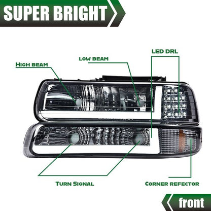 Solid Spare Fit For 99-02 Chevy Silverado 00-06 Tahoe LED DRL Smoke Headlights+Bumper Lamps