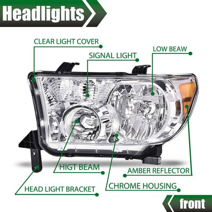 Solid Spare For 2007-2013 Toyota Tundra 2008-2017 Sequoia Chrome Headlights Assembly LH+RH