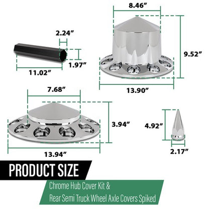Solid Spare Chrome Hub Cover Kit 33mm Front & Rear Semi Truck Wheel Axle Covers Spiked