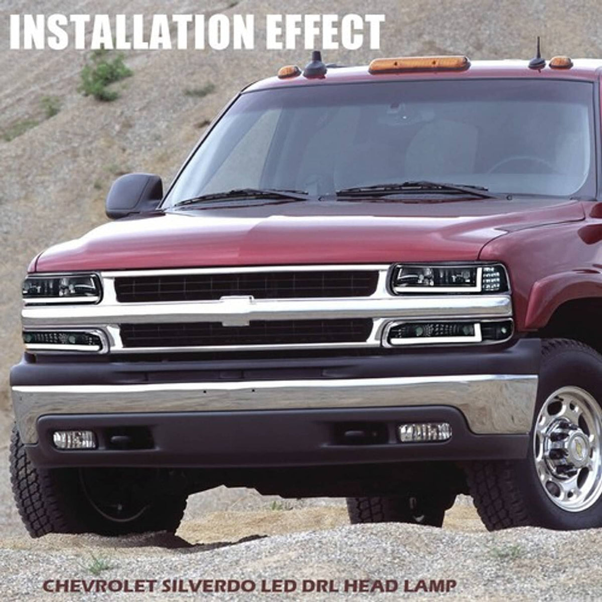 Solid Spare Fit For 99-02 Chevy Silverado/00-06 Suburban Tahoe LED BAR DRL Black Headlights