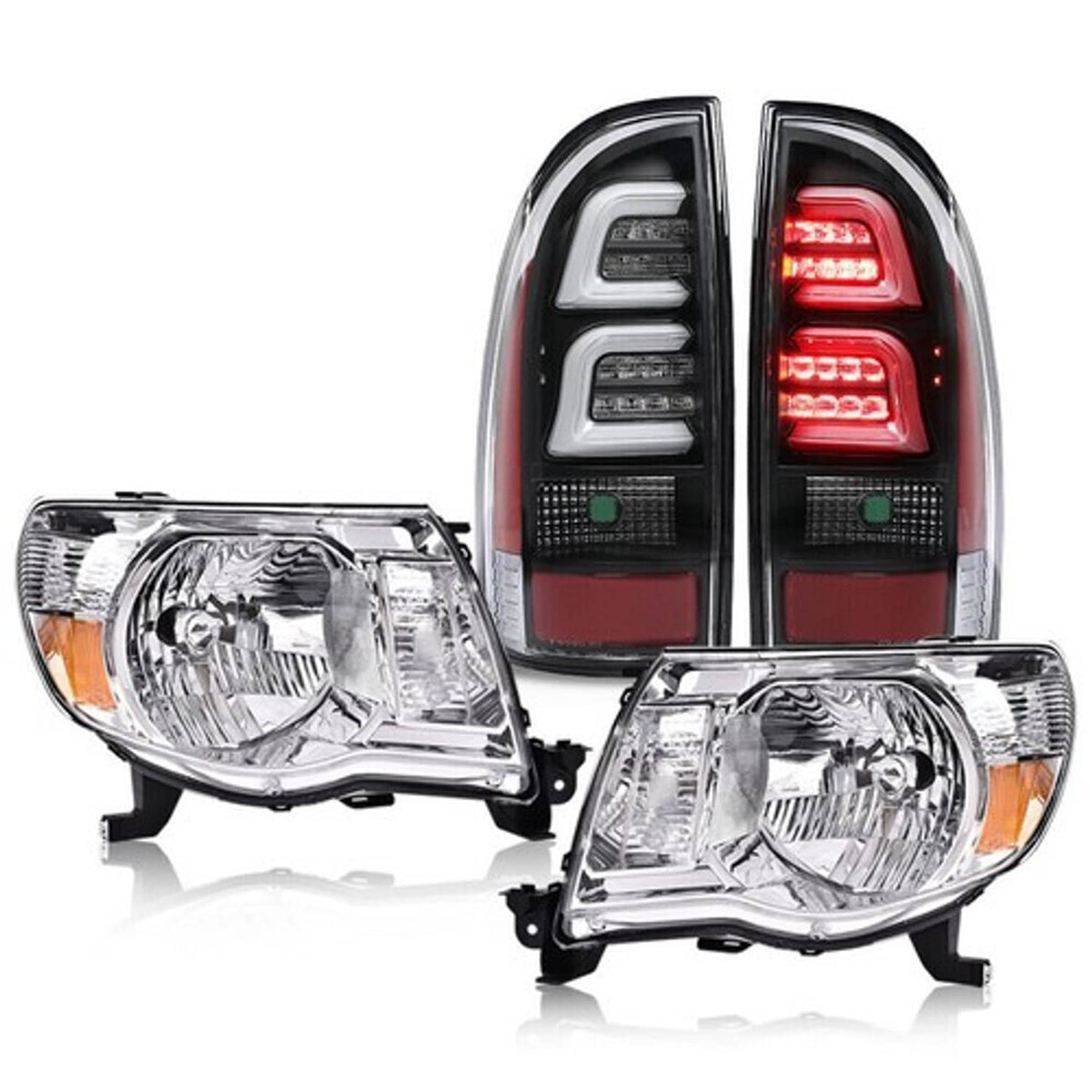 Solid Spare Fit For 05-11 Toyota Tacoma Chrome/Amber Headlights + Black LED Tail Lights
