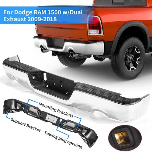 Solid Spare Rear Bumper Chrome For 2009-2018 Dodge RAM 1500 w/o Sensor Holes w/ Dual Exhaus