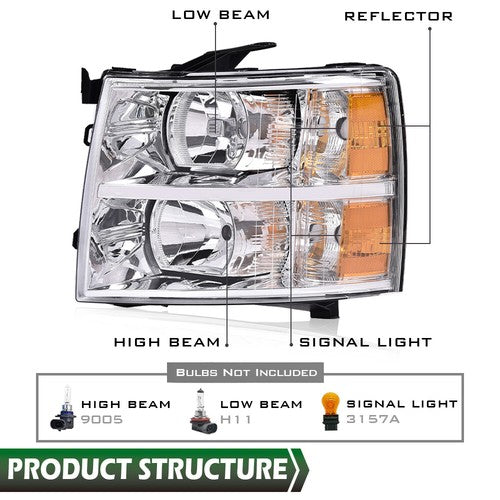 Solid Spare Headlight Fit For 2007-2014 Chevy Silverado 1500 2500HD 3500HD Left Driver Side