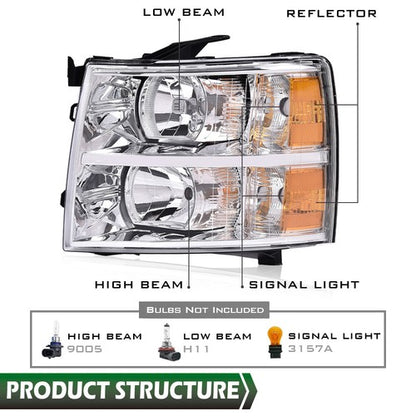 Solid Spare Headlight Fit For 2007-2014 Chevy Silverado 1500 2500HD 3500HD Left Driver Side