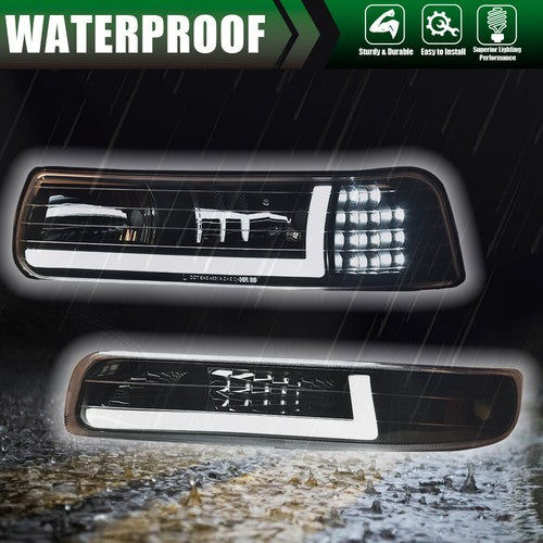 Solid Spare [LED DRL]Fit For 99-02 Chevy Silverado 1500 2500 HD Headlight+Bumper Lamps Black