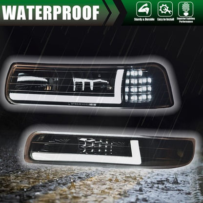 Solid Spare [LED DRL]Fit For 99-02 Chevy Silverado 1500 2500 HD Headlight+Bumper Lamps Black