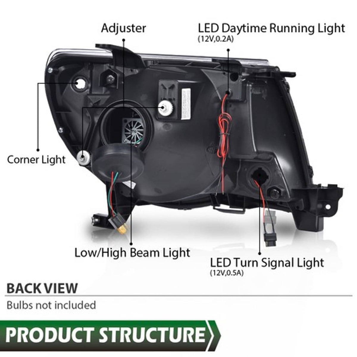 Solid Spare Fit For 2005-2011 Toyota Tacoma Clear Lens Black Dual LED Projector Headlights