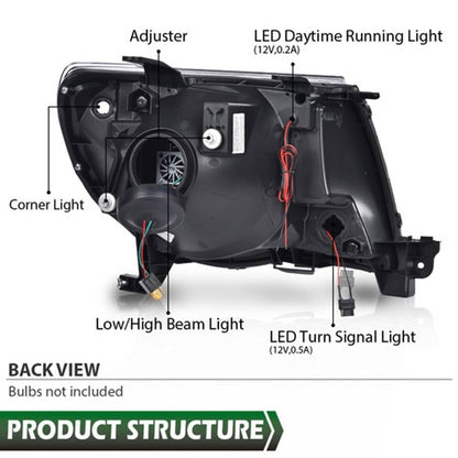 Solid Spare Fit For 2005-2011 Toyota Tacoma Clear Lens Black Dual LED Projector Headlights
