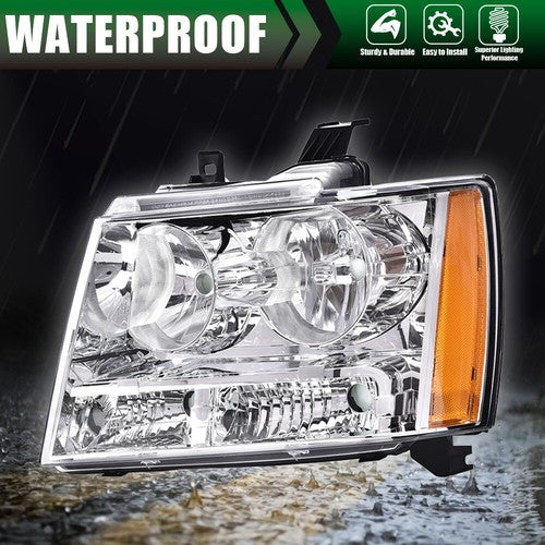 Solid Spare Headlights Assembly Fit For 07-14 Chevy Tahoe Suburban Avalanche Chrome Amber