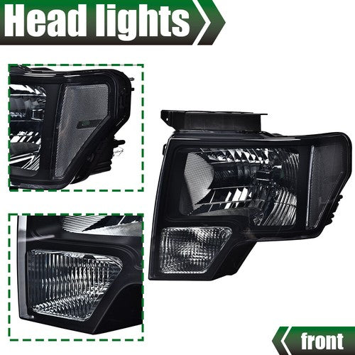 Solid Spare Fit For 2009-2014 Ford F150 F-150 Pickup Smoke Lens Black Headlights Lamps
