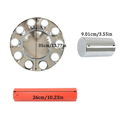 Solid Spare Chrome Front Axle Wheel Cover Hub Cap 33mm Lug Nuts Kit Semi Truck Set of 2