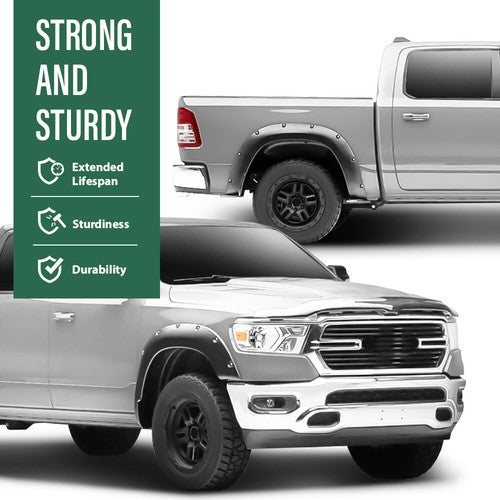 Solid Spare Fit For 2019-2023 Ram 1500 Smooth Black Pocket Rivet Bolt-on Fender Flares 4Pcs