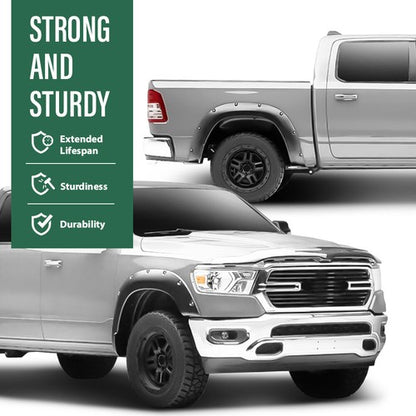 Solid Spare Fit For 2019-2023 Ram 1500 Smooth Black Pocket Rivet Bolt-on Fender Flares 4Pcs