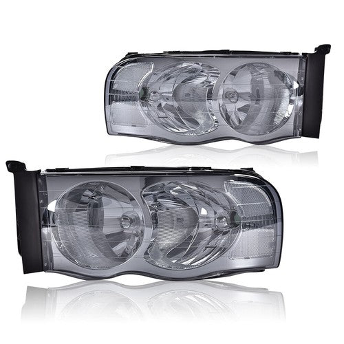 Solid Spare Fit For 02-2005 Dodge Ram 1500 2500 3500 Smoke Lens Chrome Headlights Left+Right