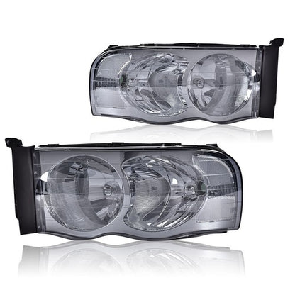 Solid Spare Fit For 02-2005 Dodge Ram 1500 2500 3500 Smoke Lens Chrome Headlights Left+Right